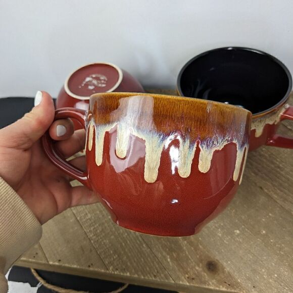 Pier 1 imports Stoneware soup mugs with handle Brown blue drip glaze set of 3 - Picture 6 of 7